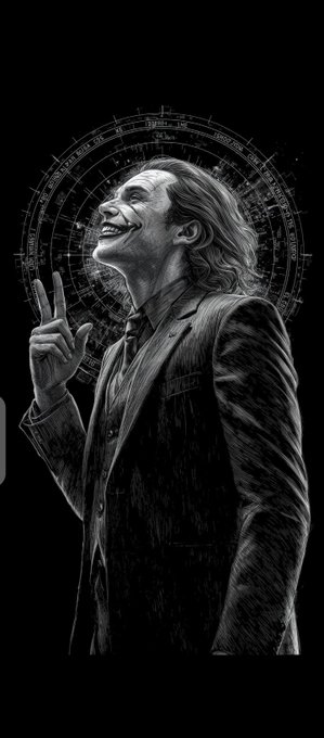A dark, stylized black and white portrait of a Joker-like figure smiling and holding up a peace sign, with an astrological/zodiac wheel behind him.