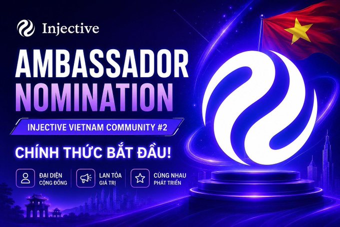 The image features a large white circle with a blue border, which has the words "Ambassador Nomination" written around its edge. The circle is surrounded by a purple background that displays the text "Injective Việt Nam #2 đây là cơ hội dành cho những thán góp cho cộng đồng Injective Việt Nam: รัดทายสมีกลามิมวัดระมารุมอมารู้น", which translates to "The winner of the Ambassador Nomination will be...". The text is written in Vietnamese, and it appears that there are four other people visible in the image as well.