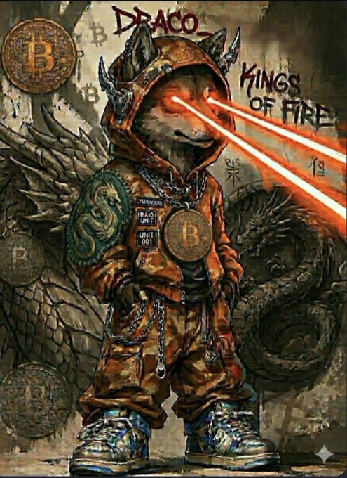 An illustration of a Shiba Inu dog wearing a hooded jacket with Bitcoin logo medallion, with red laser eyes, set against a backdrop of Bitcoin coins and dragons, titled 'DRACO KINGS OF FIRE'.