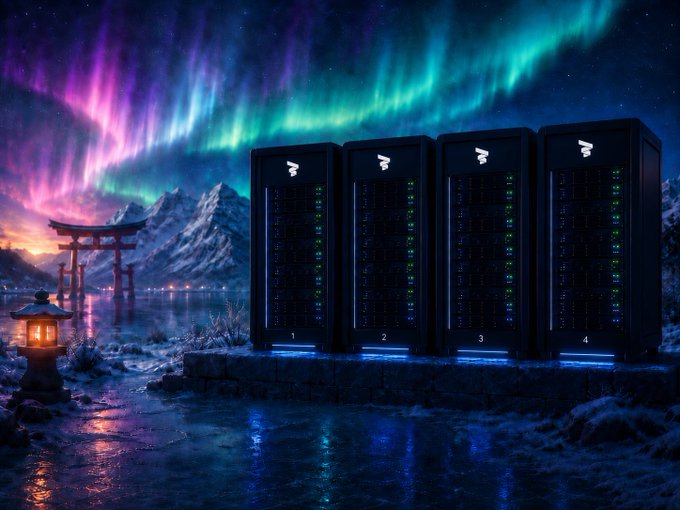 Four black server racks numbered 1-4 sit on a snowy stone platform beside a Japanese torii gate, illuminated by green and purple aurora borealis over mountains and a frozen lake.