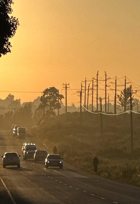 Cars travel down a highway at sunset or sunrise, with silhouettes of power lines and trees lining the road against a hazy orange sky.