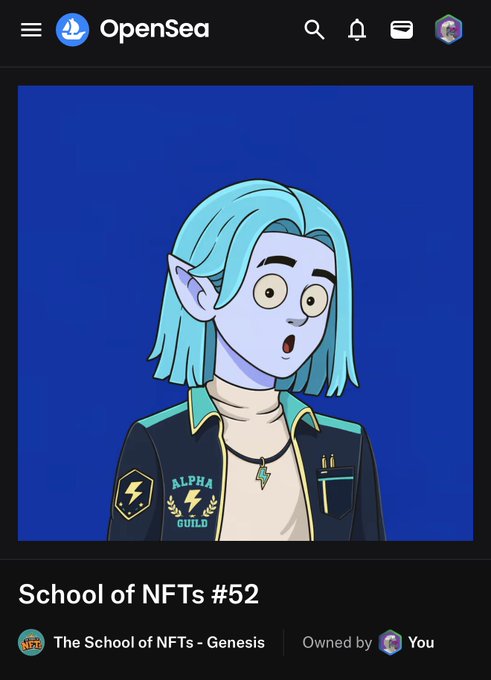 An OpenSea mobile app screenshot showing an NFT titled 'School of NFTs #52' from 'The School of NFTs - Genesis' collection, featuring a blue-skinned anime-style character wearing an 'ALPHA GUILD' jacket.