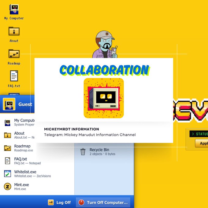 A retro Windows XP-style desktop interface displays a "COLLABORATION" pop-up featuring a cartoon character and a pixelated computer icon, announcing a partnership between MickeyMRDT Information and ZecVisions for private NFTs on the Zcash blockchain. The desktop background is yellow with classic icons like My Computer, About, Roadmap, and FAQ.txt, along with a start menu showing options such as Whitelist.exe and Mint.exe, tying into the NFT whitelist announcement.