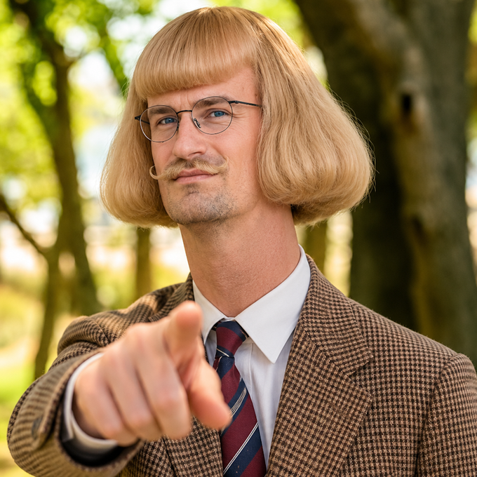 A man wearing a houndstooth jacket, striped tie, and a blonde bowl-cut wig with a curled mustache points at the camera in an outdoor setting.