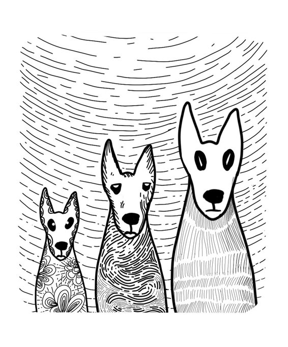 A black and white illustration of three dogs depicted in a stylized, linear art style with varying sizes and intricate patterns on their bodies.