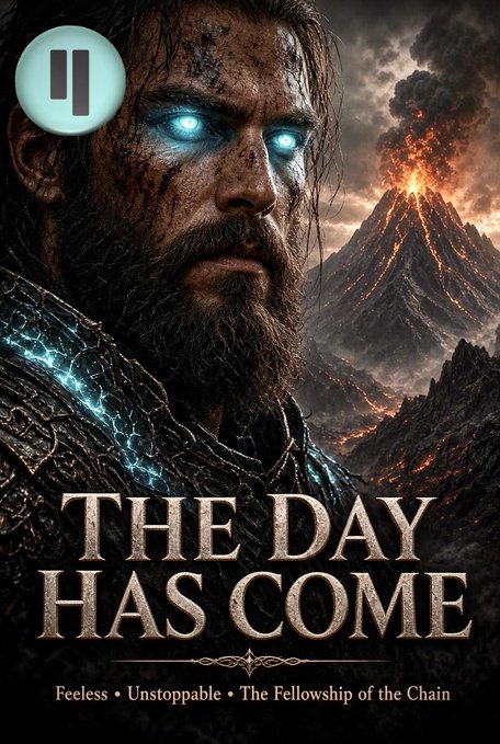 A fantasy book cover titled 'THE DAY HAS COME' by Feeless, showing a bearded warrior with glowing blue eyes standing before an erupting volcano.