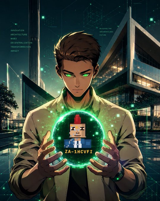 An anime-style illustration of a man with glowing green eyes holding a green glowing orb containing a pixelated character, with futuristic city buildings in the background.