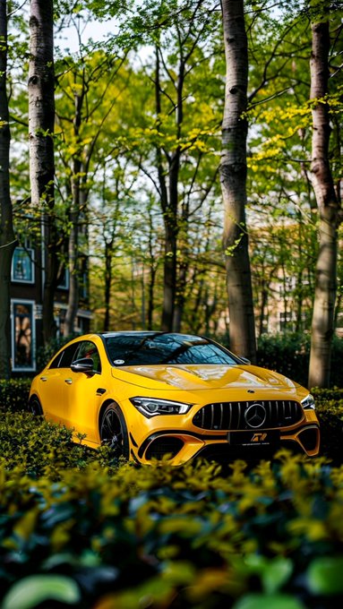 A bright yellow Mercedes-AMG GT sports car parked on a path surrounded by lush green trees and foliage.