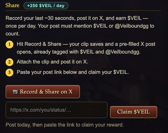 A dark-themed promotional page offering '+250 $VEIL / day' for recording and sharing clips on X, with steps to record, post, and claim $VEIL rewards.