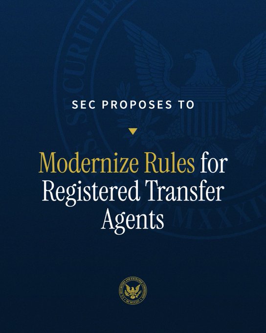 An official graphic with a dark blue background and the SEC seal, reading 'SEC PROPOSES TO Modernize Rules for Registered Transfer Agents'. The U.S. Securities and Exchange Commission seal appears at the bottom.