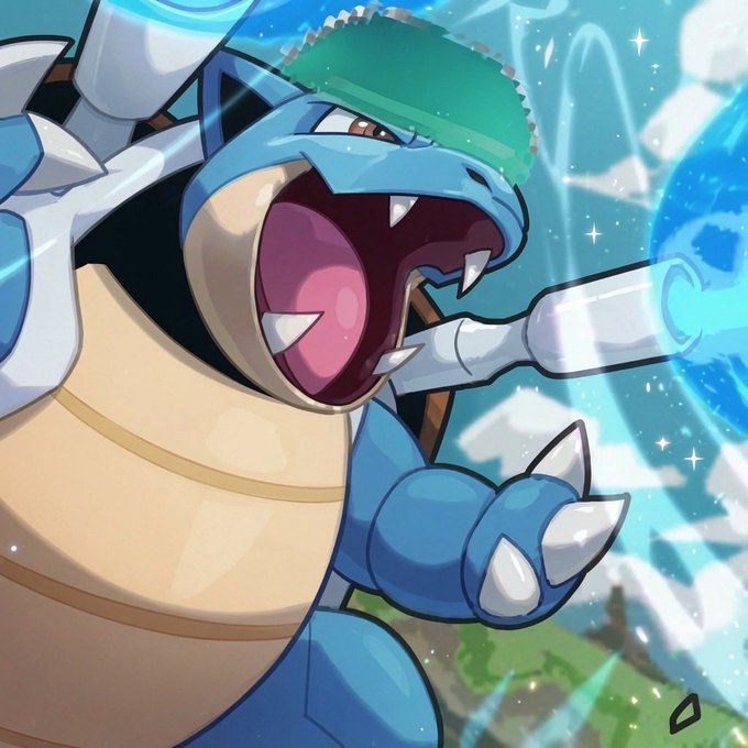 A cartoon illustration of a roaring Blastoise firing a powerful hydro pump attack.