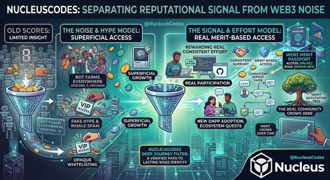 An infographic titled 'NUCLEUSCODES: SEPARATING REPUTATIONAL SIGNAL FROM WEB3 NOISE' comparing 'OLD SCORES' and 'THE NOISE & HYPE MODEL' with 'THE SIGNAL & EFFORT MODEL,' featuring text about bot farms, VIP access, Discord, X, onchain activity, and merit-based passports, with a Nucleus logo at the bottom.