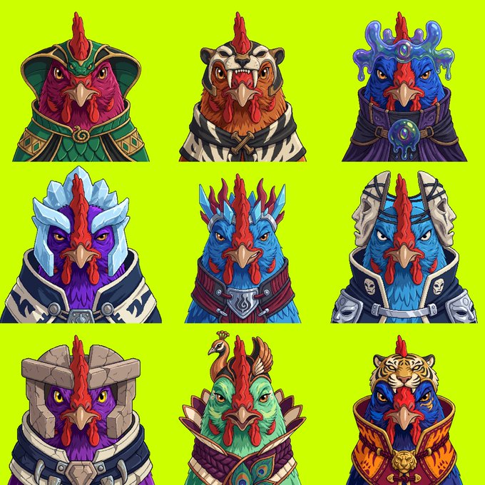 Nine stylized cartoon rooster characters with bold red combs and fantastical armor in various vibrant colors are arranged in a 3x3 grid on a lime green background, matching the "Roost" NFT collection referenced in the post. The design directly ties into the project's mint promotion on OpenSea.