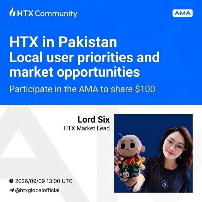A promotional graphic for an HTX Community AMA titled 'HTX in Pakistan - Local user priorities and market opportunities' featuring Lord Six, HTX Market Lead, scheduled for 2026/09/09 13:00 UTC, with participants able to share $100.