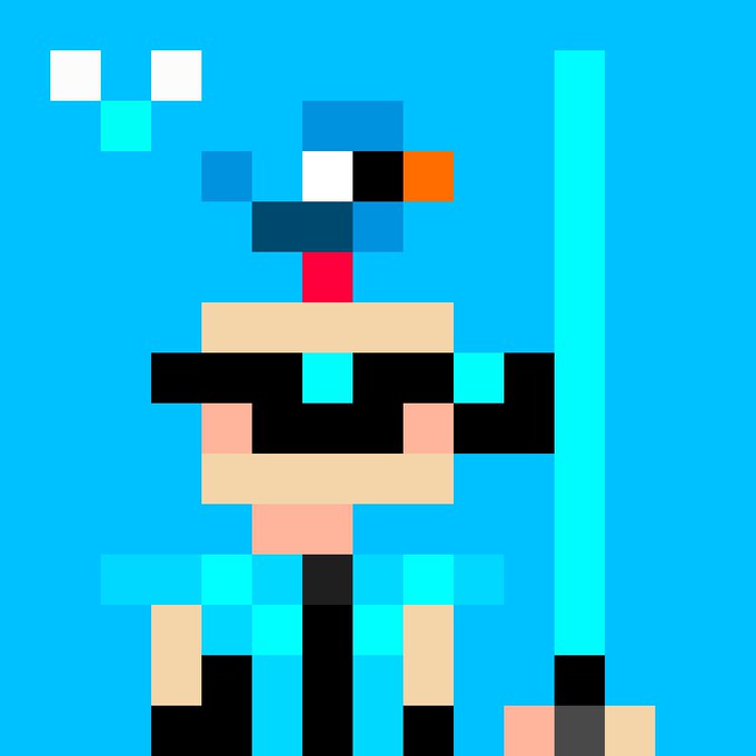 A retro pixel art character with a red hat, black sunglasses, and teal clothing stands against a blue background alongside a tall staff.