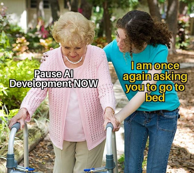 A meme showing an elderly woman with a walker labeled 'Pause AI Development NOW' being helped by a younger woman labeled 'I am once again asking you to go to bed.'