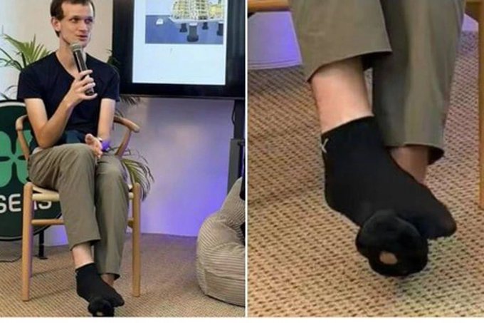 A split image showing Vitalik Buterin, co-founder of Ethereum, seated and speaking into a microphone on the left, with a close-up on the right revealing he is wearing distinctive toeless black socks.