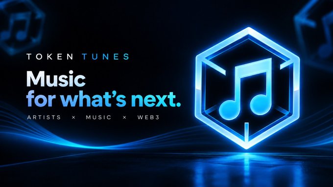 A promotional graphic displays the text 'TOKEN TUNES - Music for what's next. ARTISTS x MUSIC x WEB3' alongside a glowing blue hexagonal logo containing a musical note.