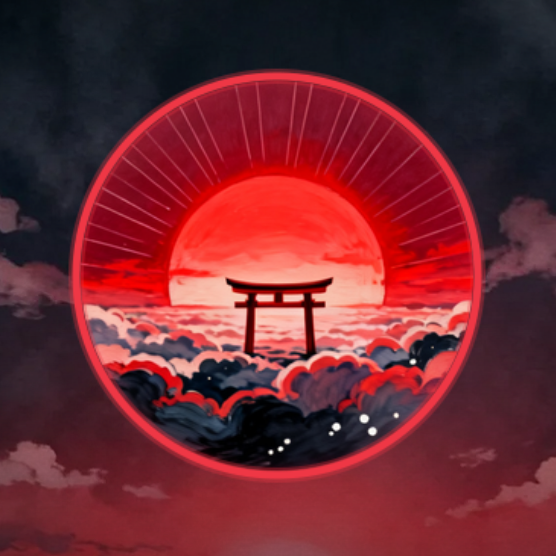 An anime-style digital artwork featuring a Japanese torii gate silhouetted against a large red sun with radiating lines, set above stylized clouds in red and dark blue tones.