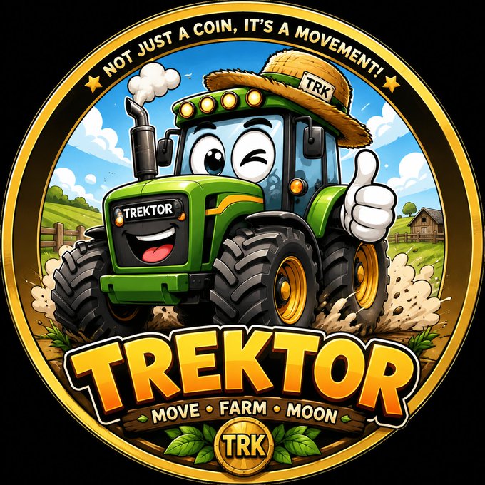 A cartoon green tractor wearing a straw hat and giving a thumbs up, featured on a circular gold badge emblazoned with "TREKTOR," the tagline "NOT JUST A COIN, IT'S A MOVEMENT!" and "MOVE • FARM • MOON," with the ticker "TRK."

The image likely represents the Solana token address "8eXyquFn6A8V1woZfQNyjfho7eeo7SyUp67xzKqXUkDm" as branding for the Trektor (TRK) cryptocurrency project.