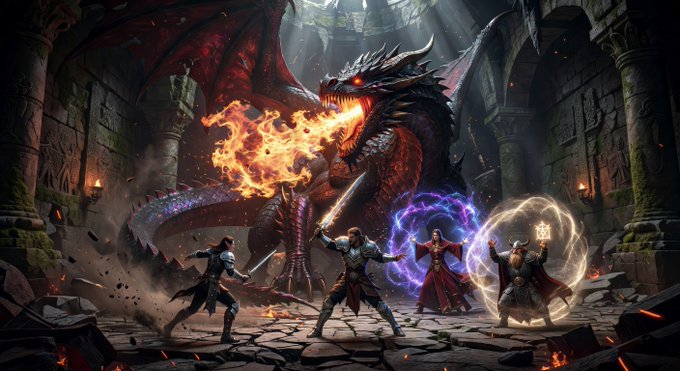 A fantasy illustration of a red dragon breathing fire at a party of adventurers who are casting spells in an ancient stone dungeon.