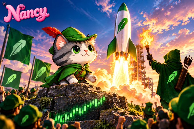 A fantasy digital artwork titled 'Nancy' showing a cute cat character wearing a green Robin Hood-style hat and cape, sitting on rocks with an audience of hooded green figures, a launching rocket with a leaf logo, and a stock chart trending upward.