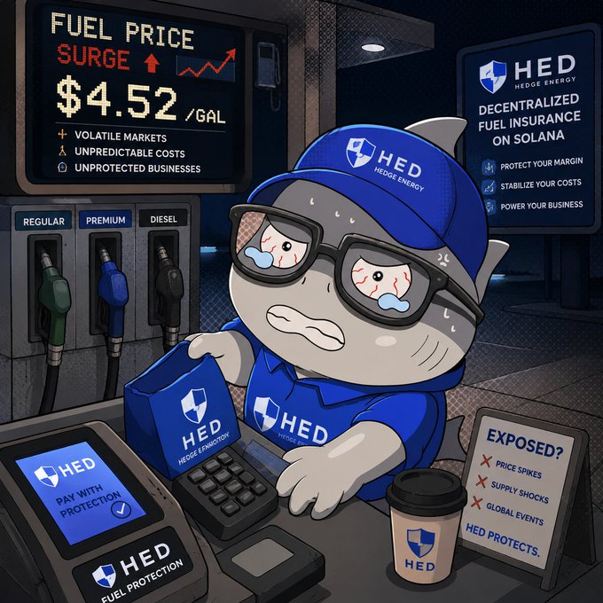 A distressed cartoon shark wearing "HED" gear sweats behind a cash register at a gas station displaying a "FUEL PRICE SURGE" of "$4.52/GAL," while promotional signage advertises "HED: DECENTRALIZED FUEL INSURANCE ON SOLANA" with messaging like "EXPOSED? PRICE SPIKES, SUPPLY SHOCKS, GLOBAL EVENTS — HED PROTECTS," visually illustrating how $HED hedges against the volatile fuel costs described in the post.