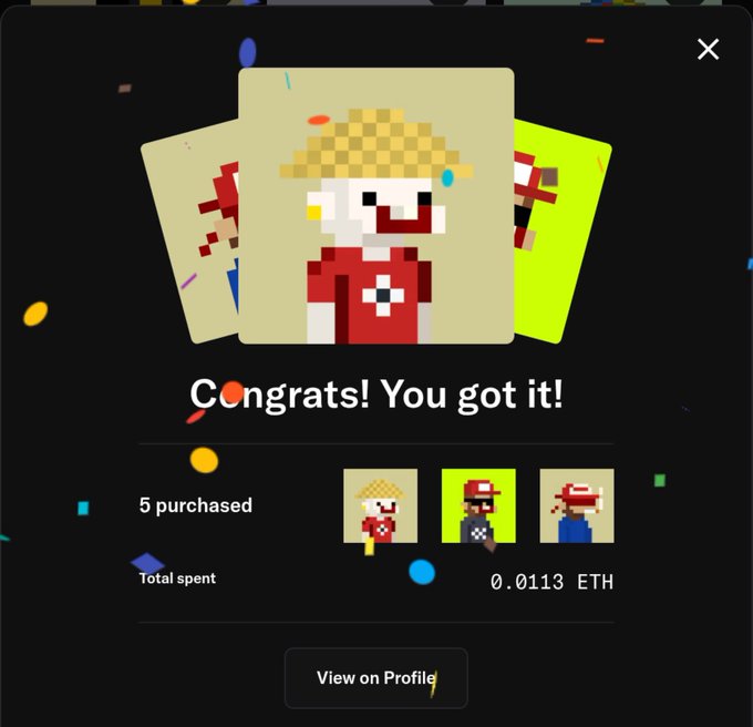 A digital pixel-art collectible character wearing a yellow checkered hat is shown alongside confetti with the text "Congrats! You got it!", noting "5 purchased" and a "Total spent" of "0.0113 ETH," which directly corresponds to the poster's mention of swapping 5 HoodMonkes for that exact ETH amount.