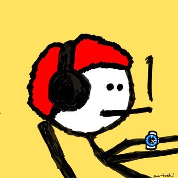 A simple digital drawing of a stick figure with a white round head wearing a red beanie and black headphones, smoking a cigarette while holding a blue soda can against a yellow background.