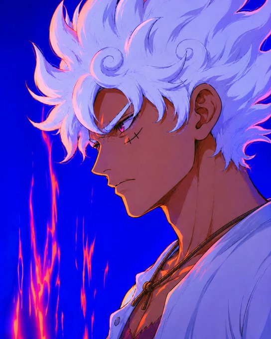 An anime-style illustration of a muscular character with spiky white hair and facial stitches looking down intensely against a dark blue background with fiery accents.
