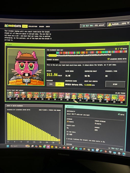 A computer monitor displays the MrHashcats mining interface showing a hash rate of 312.56 MH/s, expected 66.0h, an NVIDIA GeForce RTX 6.8600 ETH rig, with a Bitcoin-style pink cat miner pixel art and difficulty at 16.7T.