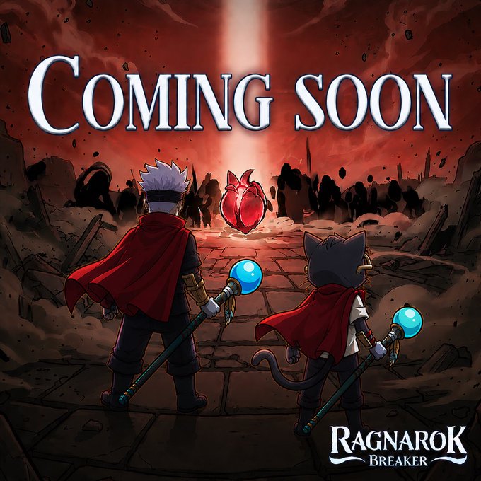 The image features two characters, a man with a sword and shield and another character holding a wand, standing together against an ominous red background. The text "Coming Soon" is written above them, indicating that they are about to embark on a new adventure or campaign in the game. The post also mentions that this gaming power duo has joined forces with other Web3 gaming giants at Ygg_Play and @YGG_Play, which suggests that there might be an upcoming release of a new game or update involving these characters.