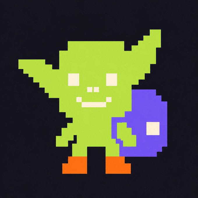 A pixel art illustration of a green goblin-like creature holding a purple shield against a dark background.