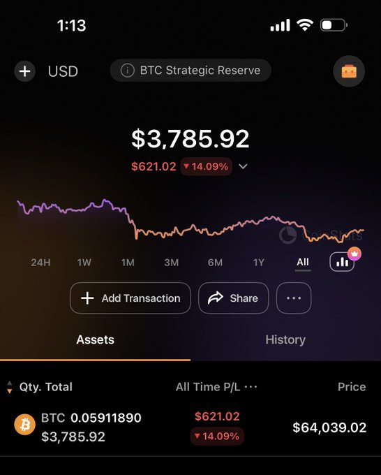 The image displays Valerie's "BTC Strategic Reserve" account showing a total Bitcoin accumulation of 0.05911890 BTC, currently valued at $3,785.92. The accompanying text highlights continued weekly accumulation of Bitcoin, even at lower prices.