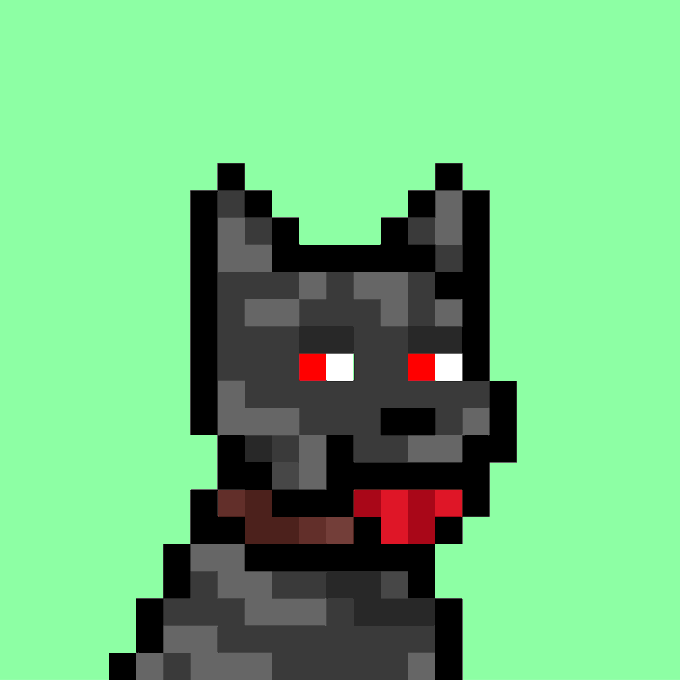 A pixel art rendering of a dark, blocky feline character with red eyes wearing a red bandana against a bright green background.
