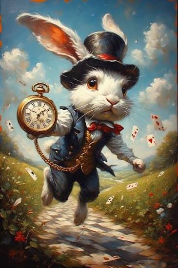 A whimsical digital painting of a white rabbit dressed in a top hat and blue vest, running while holding a gold pocket watch, with playing cards floating in the air around it.