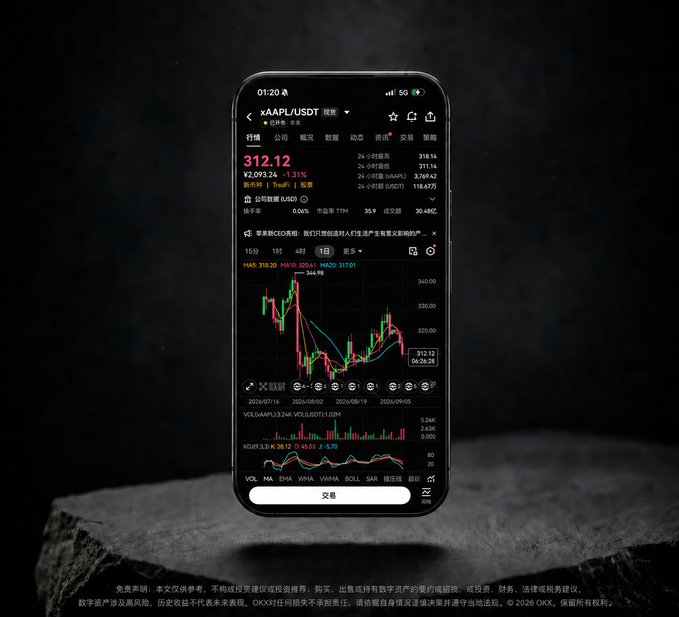 A smartphone resting on a dark stone surface, displaying a cryptocurrency trading chart for the XAAPL/USDT pair on OKX, showing a price of 312.12.