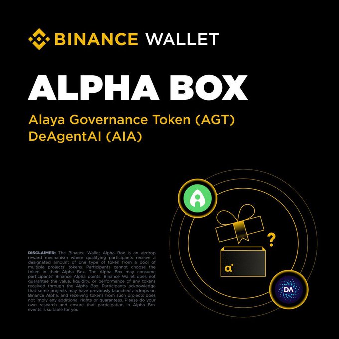 The image is a promotional graphic for the Binance Wallet "Alpha Box" airdrop reward featuring Alaya Governance Token (AGT) and DeAgentAI (AIA), displaying their logos alongside a mystery box graphic. This relates to the post by celebrating AIA's inclusion in the Binance Alpha airdrop pool.