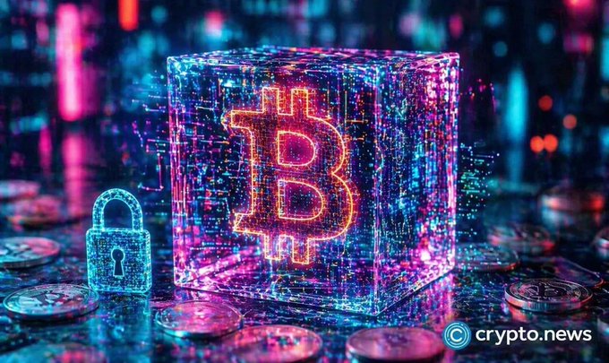 A vibrant digital artwork featuring a glowing Bitcoin symbol encased in a holographic cube alongside a padlock, with a "© crypto.news" watermark in the corner.