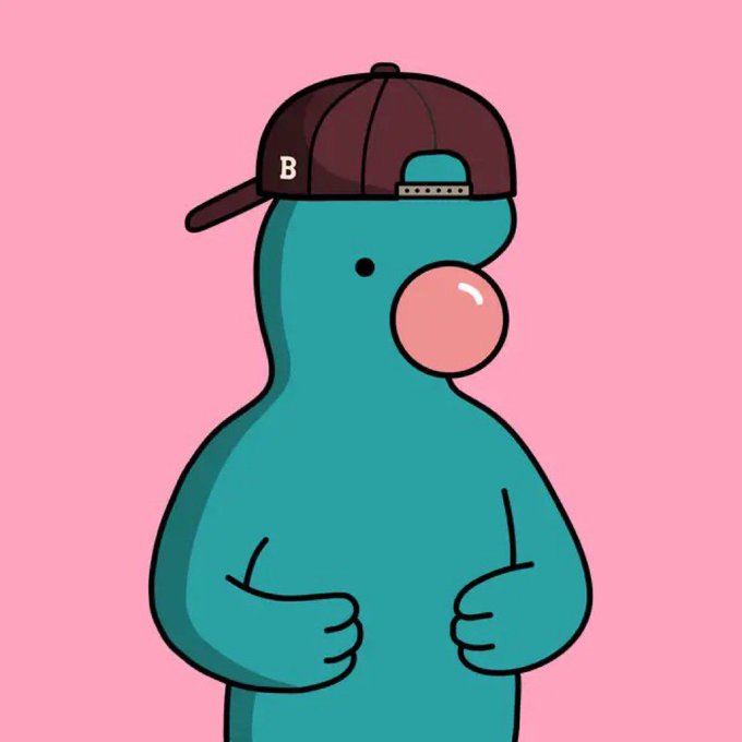 Cartoon illustration of a teal-colored character wearing a backwards brown cap with the letter "B" on it, against a pink background.