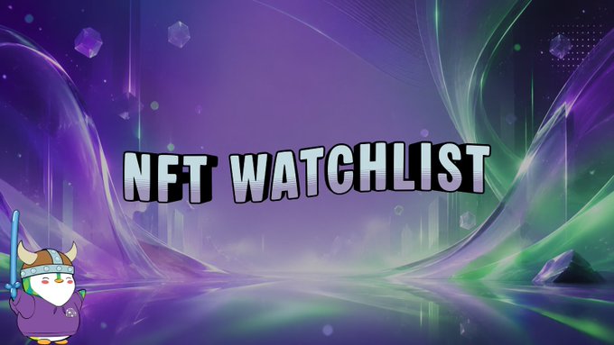 A vibrant purple and green cosmic-themed graphic displays "NFT WATCHLIST" in bold white text at the center, featuring a cartoon character wearing a Viking helmet holding a sword in the bottom left corner, serving as a title banner for the weekly NFT picks mentioned in the post.