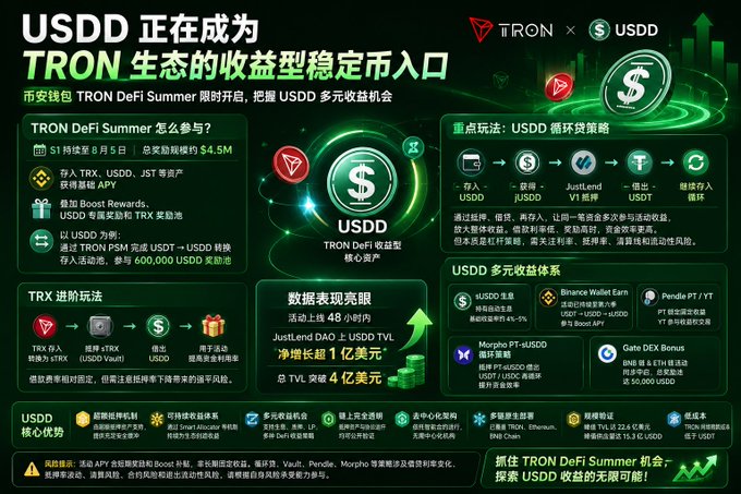 A promotional graphic for TRON DeFi Summer featuring USDD stablecoin, with Chinese text highlighting rewards, yield strategies, and partnerships with Justin Sun, Binance Wallet, Pendle, Morpho, and Gate DEX.