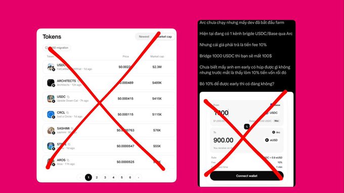 Pink background with red X marks crossing out a 'Tokens' market cap list (showing USDC, ARCHITECT$, CRCL, SASHA, STNK, ARCS) and a Vietnamese-language post claiming to give away 1000 USDC, also crossed out.