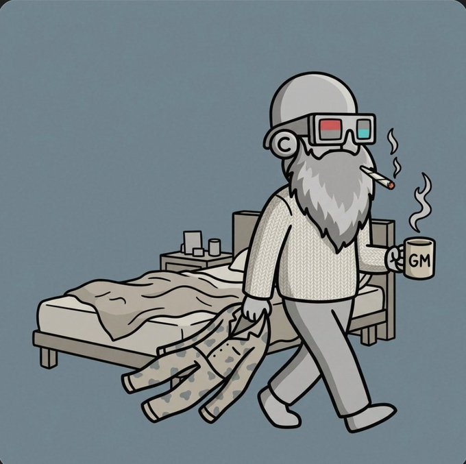A bald, bearded man wearing 3D glasses and smoking a cigarette casually walks away from his unmade bed while carrying a mug labeled "GM," perfectly capturing the lazy, surreal "Good Morning" mood of the post wishing followers an awesome TGIF.