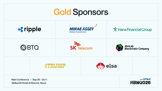 A 'Gold Sponsors' banner for KBW2026 (with UPbit) conference held Sep 30 - Oct 1 at Walkerhill Hotels & Resorts, Seoul, displaying logos for Ripple, Mirae Asset Global Investments, Hana Financial Group, BTQ, SK telecom, AhnLab Blockchain Company, TRUMP, and elsa.