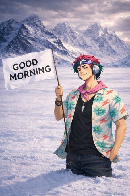 An anime-style illustration of a red-haired male character wearing headphones and a floral shirt, holding a 'GOOD MORNING' flag in a snowy mountain landscape.