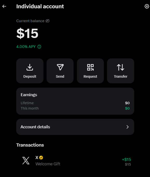 A mobile banking app screen showing an 'Individual account' with a current balance of $15, 4.00% APY, action buttons for Deposit, Send, Request, and Transfer, and a $15 'Welcome Gift' transaction.