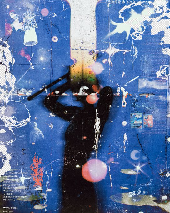 A glitch art piece on a blue background featuring a silhouetted figure holding what appears to be a katana, surrounded by distorted pixels, floating orbs, and faint text including 'White Diosis'.