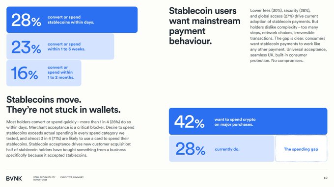 A slide from a "BVNk" stablecoin utility executive summary report titled "Stablecoin users want mainstream payment behaviour," highlighting statistics like 28% convert within days and 42% want to spend crypto on major purchases.