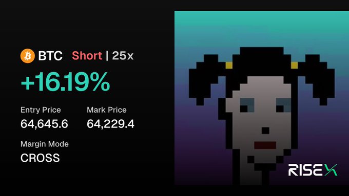 A cryptocurrency trading screenshot showing a BTC Short position with 25x leverage and +16.19% gain, featuring Entry Price 64,645.6, Mark Price 64,229.4, and CROSS mode, alongside a pixel art character image with RISEX branding.
